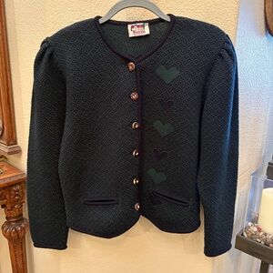 Vintage ASTRIFA Green Wool Heart Button Accents Knit Grannycore Cardigan Size 42